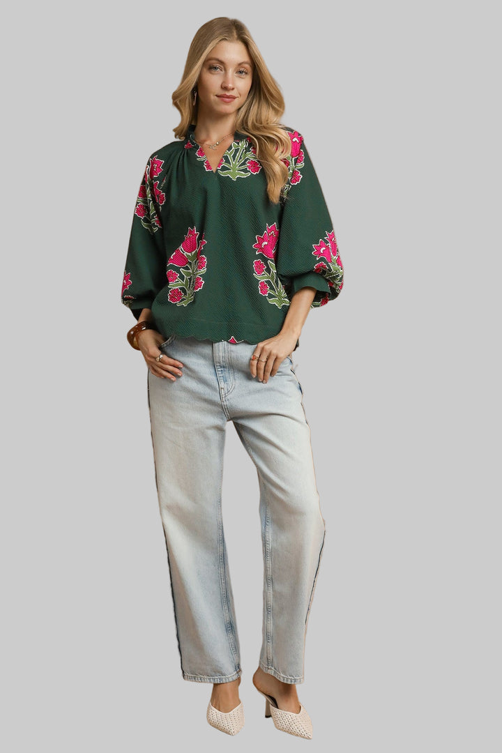 BUBBLE SLEEVE TULIP PRINT TOP - FOREST GREEN