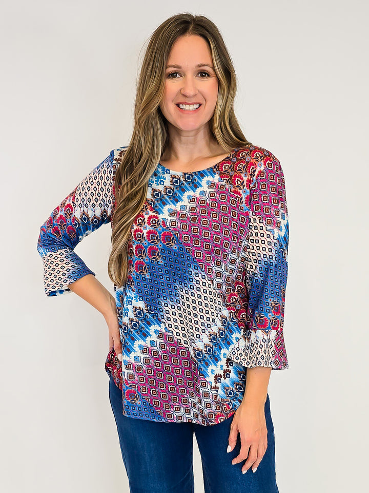 3/4 SLEEVE ROUND NECK PRINTED TOP - FUCHSIA/BLUE