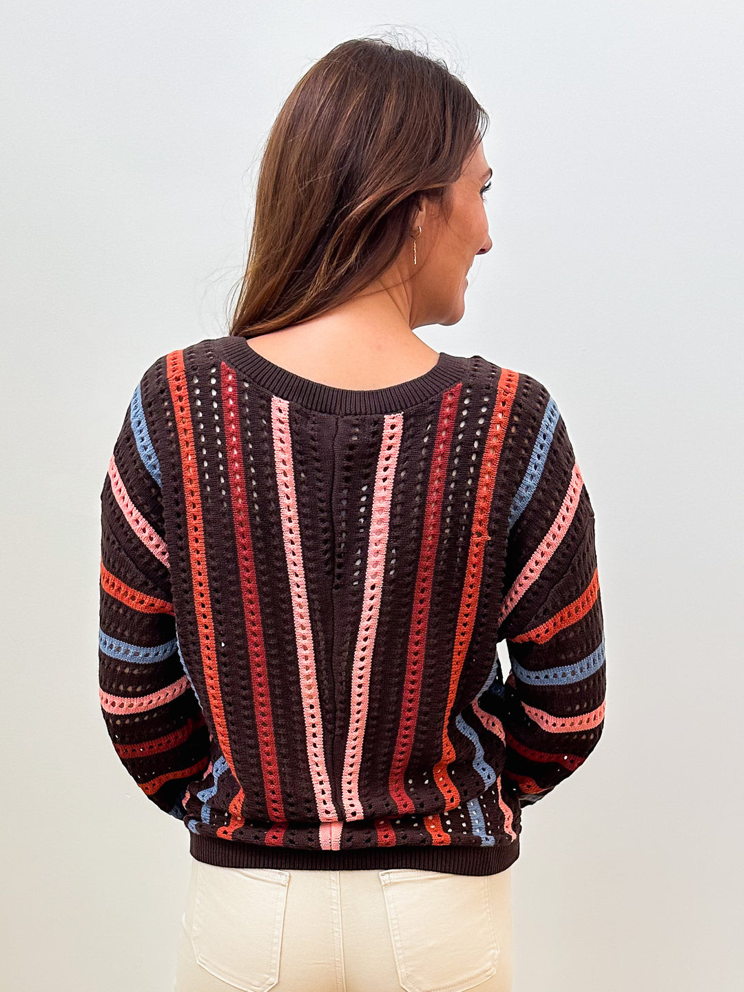 V-NECK STRIPED OPEN KNIT SWEATER - BROWN MULTI