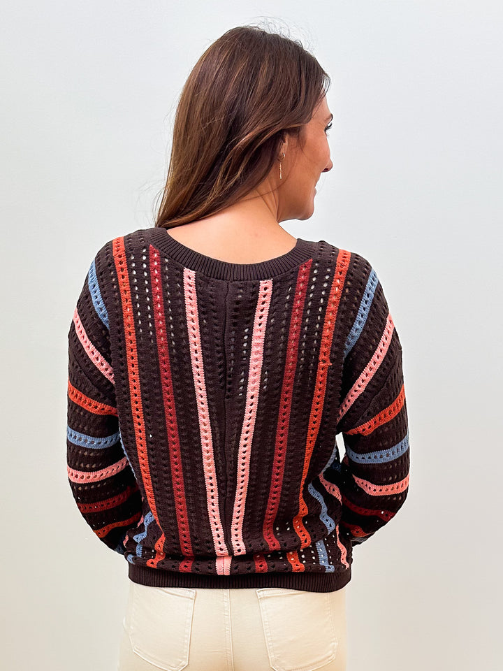 V-NECK STRIPED OPEN KNIT SWEATER - BROWN MULTI