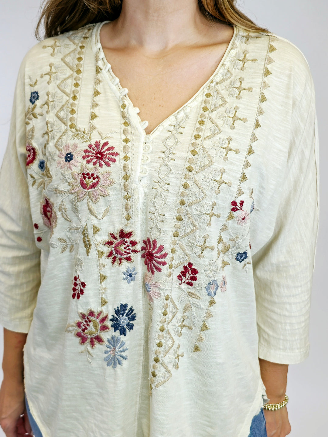 FLORAL EMBROIDERY DOLMAN SLUB TOP - BIRCH