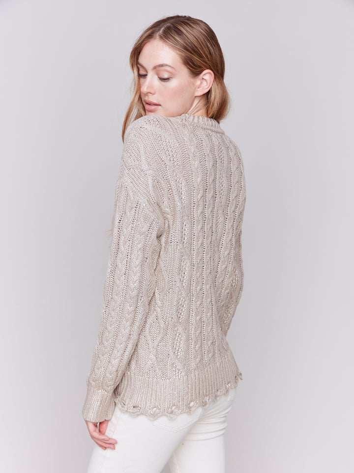 METALLIC CABLE KNIT SWEATER - CHAMPAGNE