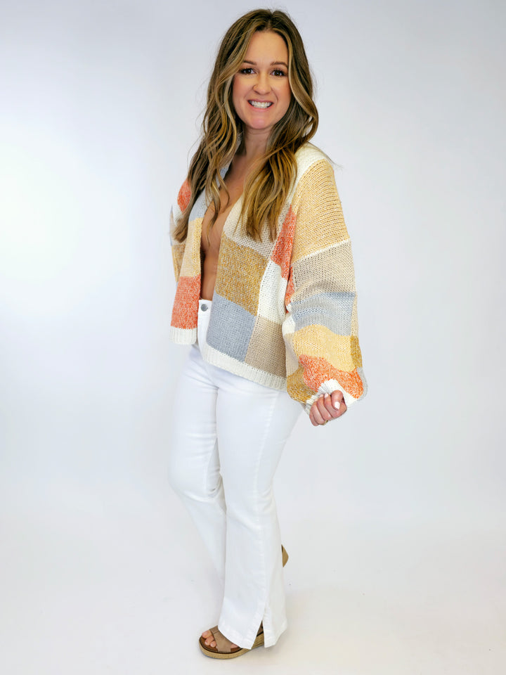 COLOR MOSAIC CARDIGAN - IVORY/ORANGE
