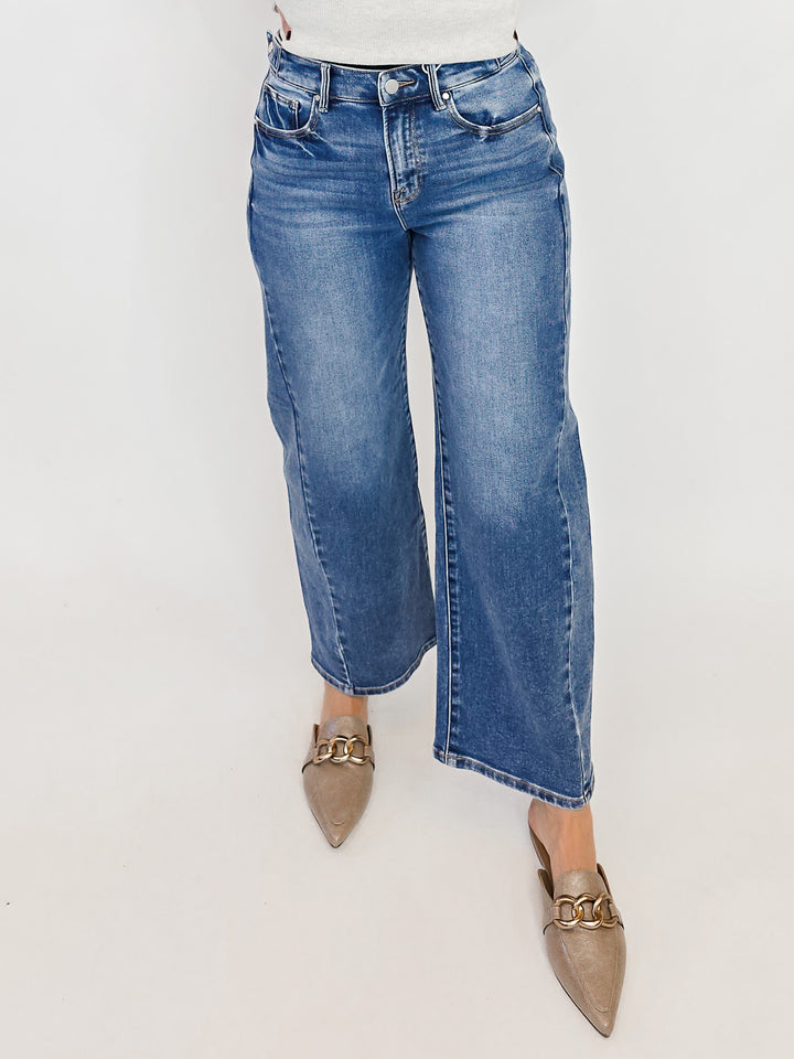 RISEN HR CROP BARRLE JEANS W/ADJUSTABLE WAIST - DARK - 28" INSEAM