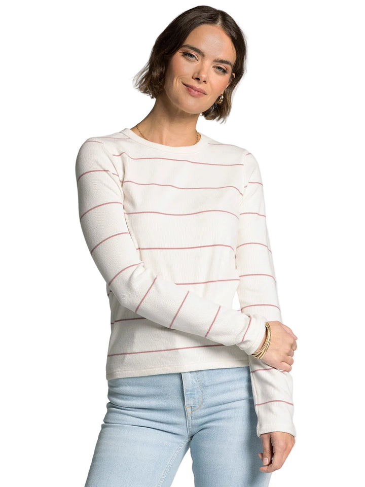 LONG SLEEVE CREW NECK ALDER TOP - IVORY ROSE STRIPED