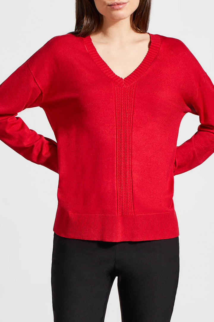 LONG SLEEVE V-NECK SWEATER W/CABLES - SCARLET