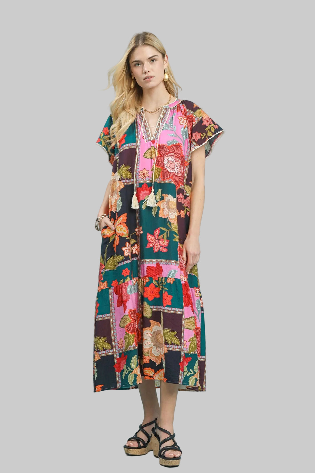 patchwork maxi dress Boho Fuse Small showcasing femininity with a flowing silhouette Umgee Boho Patchwork Maxi Dress