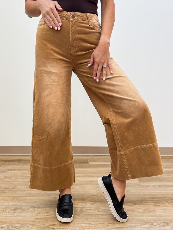 HW STRETCH BABY CORDUROY WIDE LEG PANTS - CAMEL