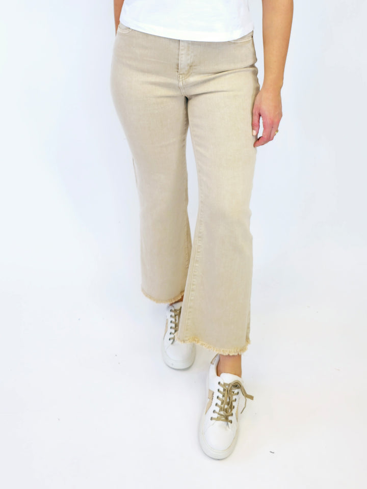 ACID WASHED HIGH WAIST FRAYED HEM BOOTCUT PANTS - SAND BEIGE