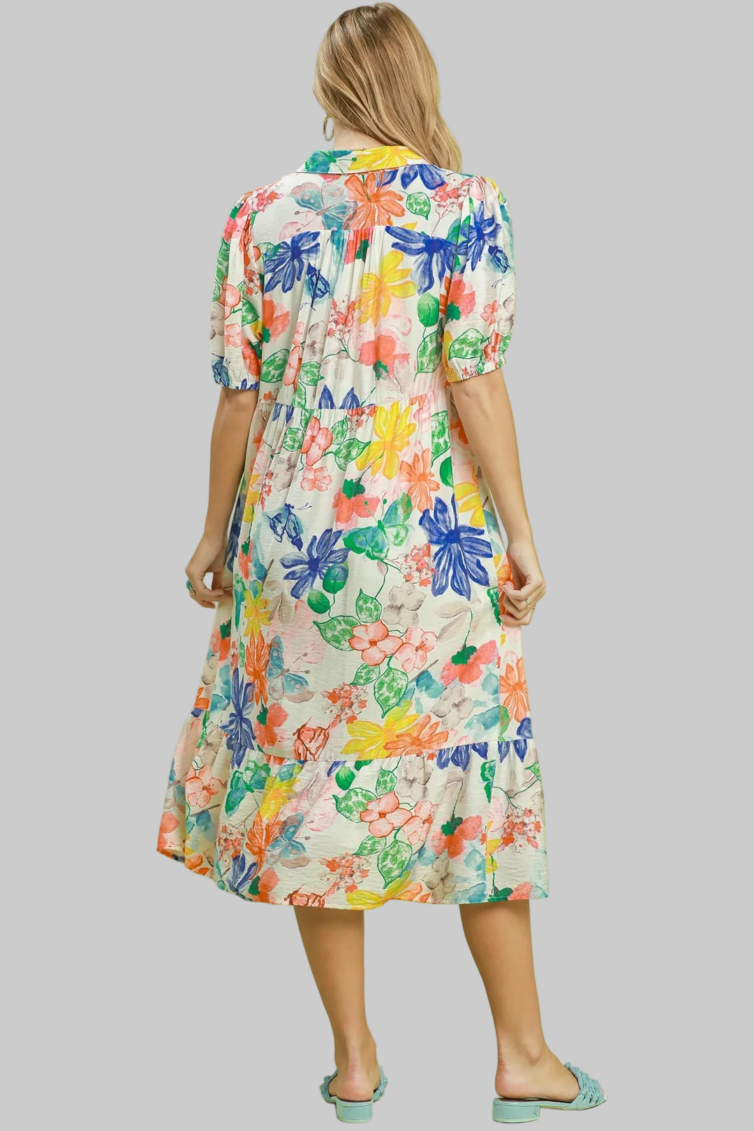 ABSTRACT PRINT COLLARED MIDI DRESS - GREEN MIX