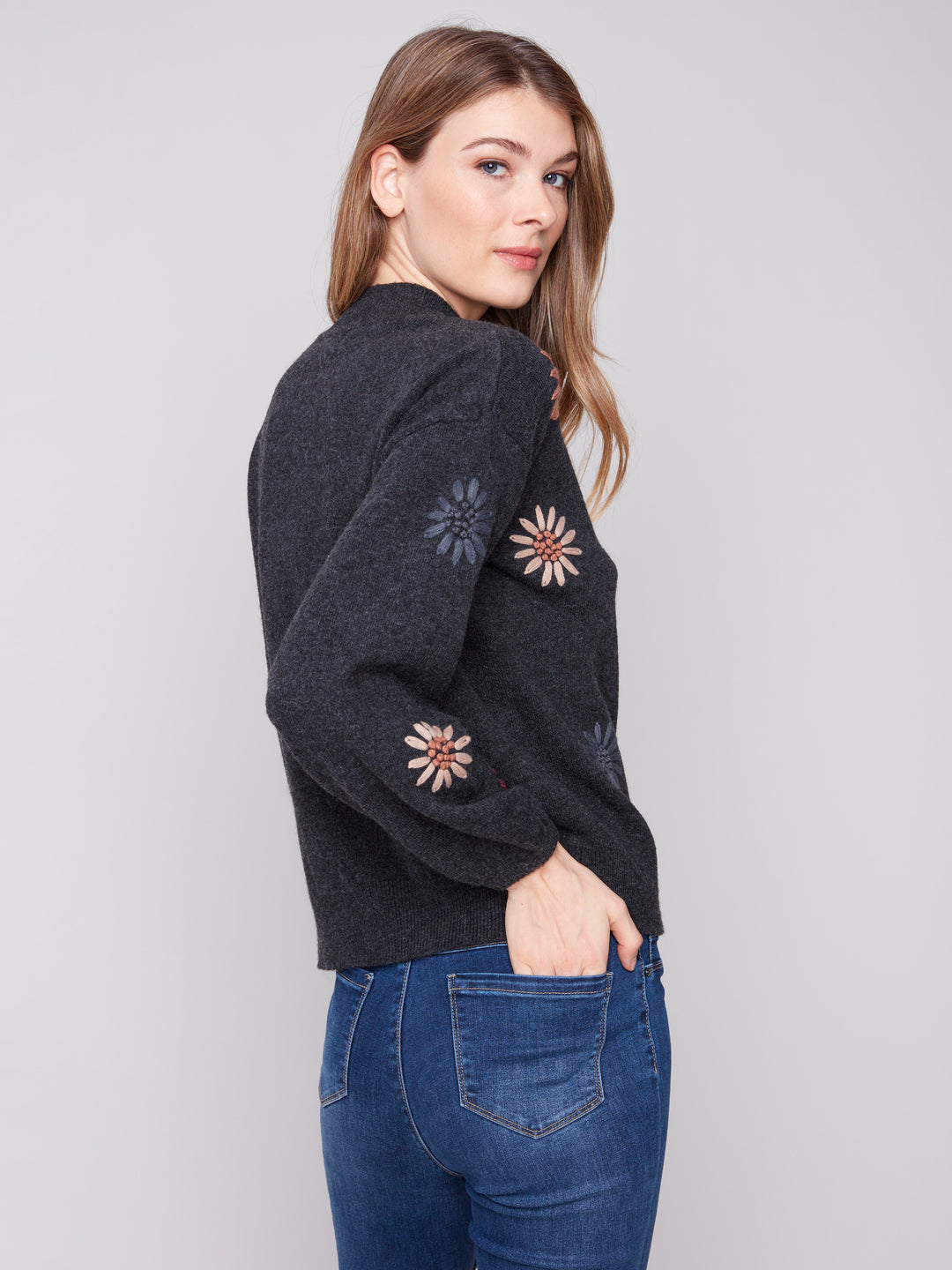 EMBROIDERED MOCK NECK SWEATER - CHARCOAL