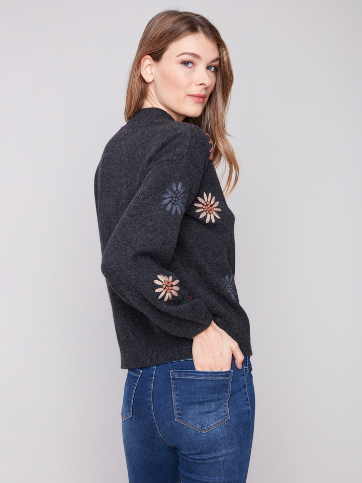 EMBROIDERED MOCK NECK SWEATER - CHARCOAL