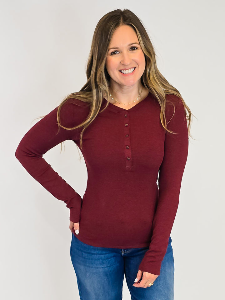 ULTRA SOFT CLASSIC RIBBED LONG SLEEVE HENLEY TOP - BURGUNDY
