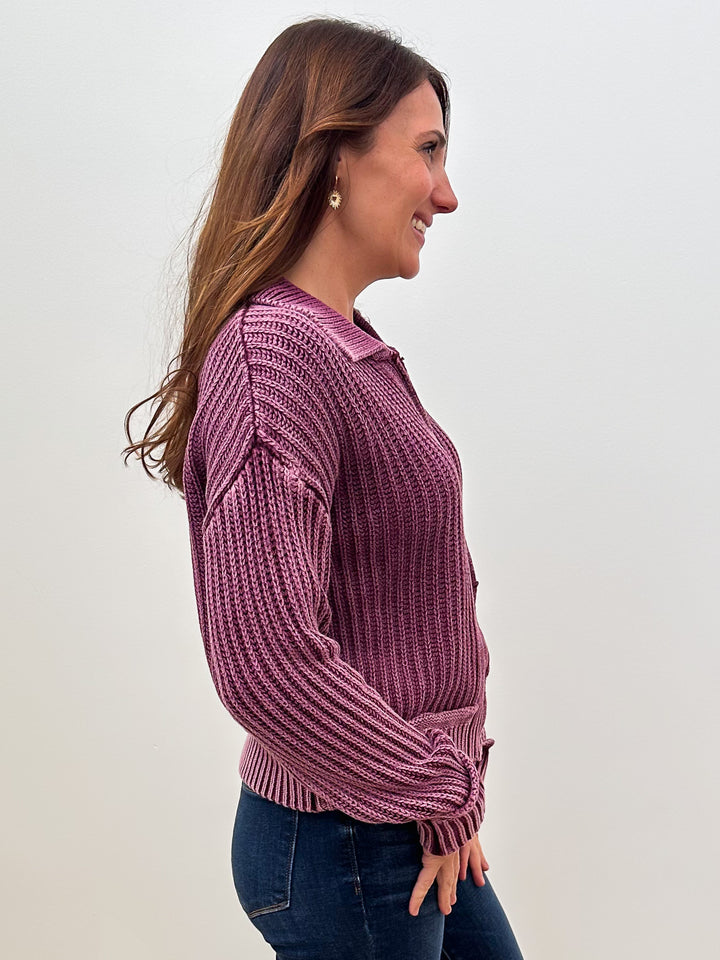 WASHED RIBBED ZIP-UP SWEATER - WASHED BURGUNDY
