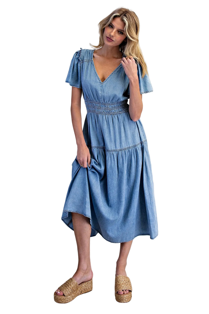 SNOW WASHED SMOCKED V-NECK MIDI DRESS - DENIM