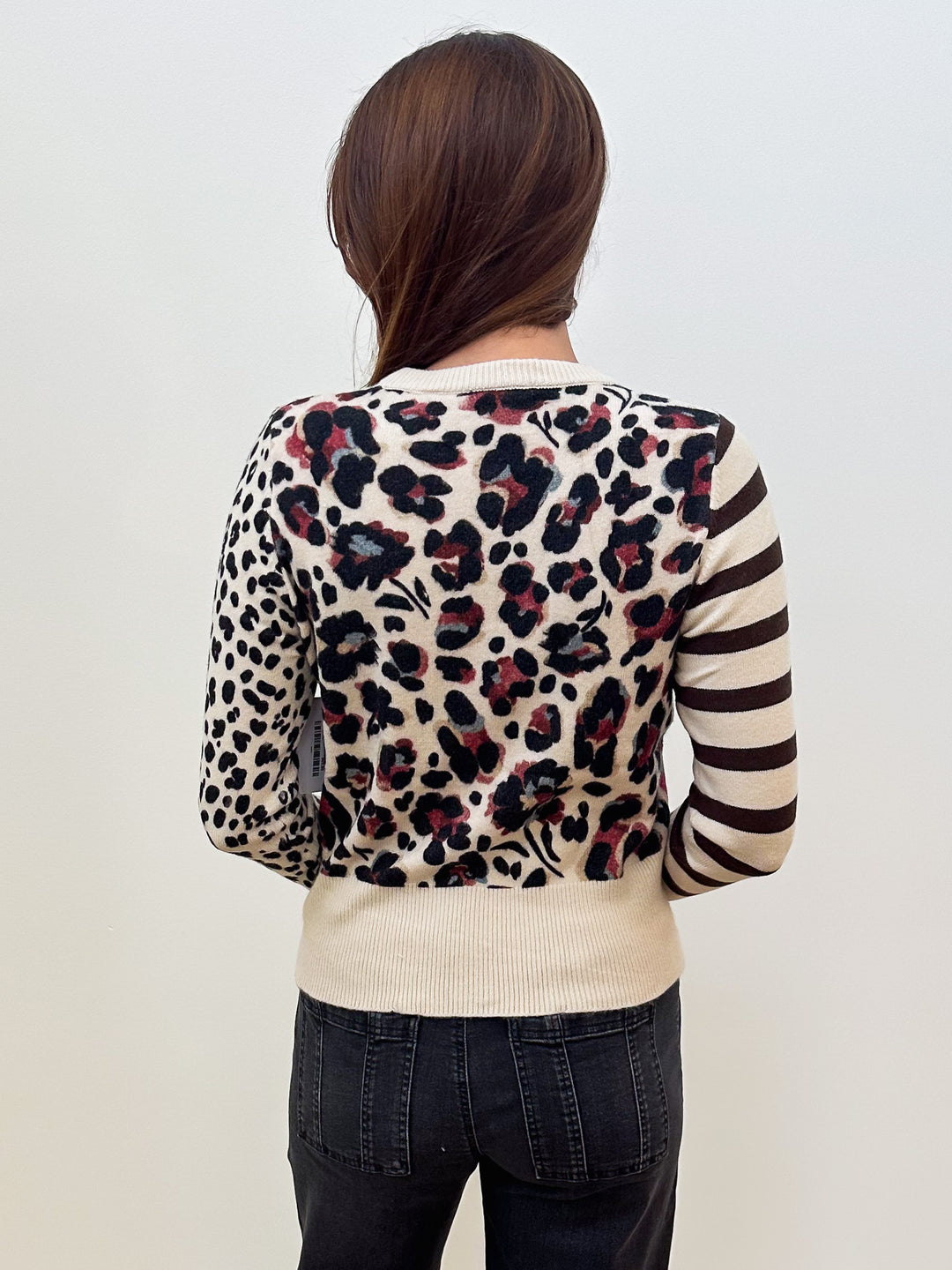 L/S ANIMAL PRINT &amp; STRIPED CARDIGAN - BISCUIT