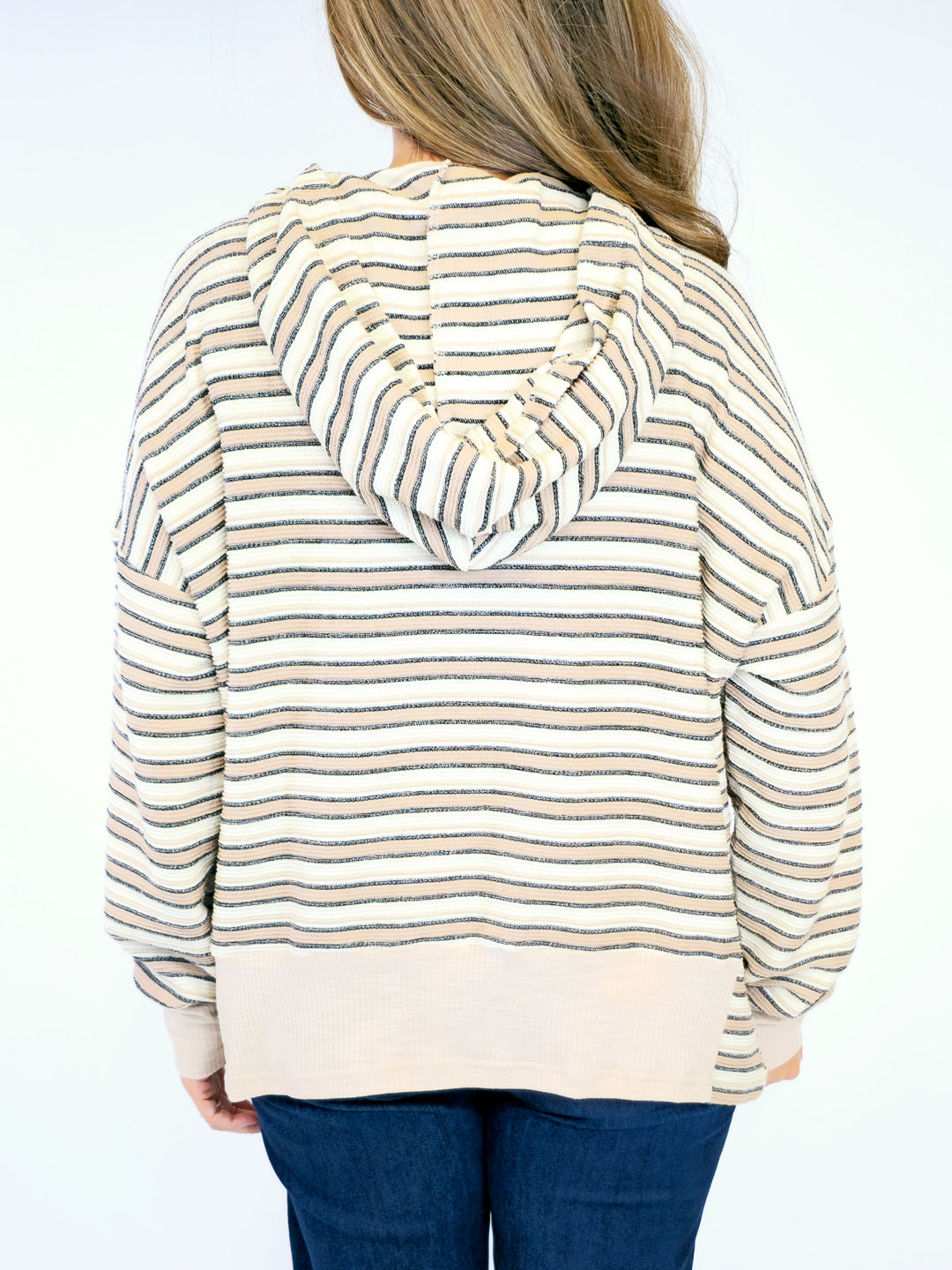 TEXTURED STRIPED JACQUARD HOODED SWEATSHIRT - IVORY