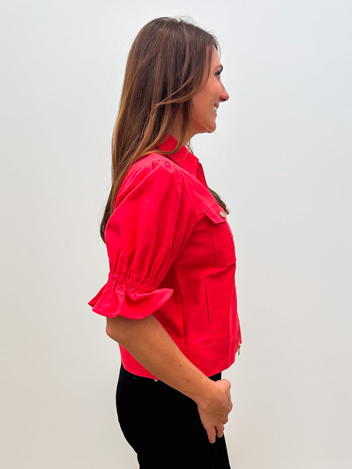 SELINE PUFF SLEEVE COLLARED ZIPPER FRONT JACKET - RED