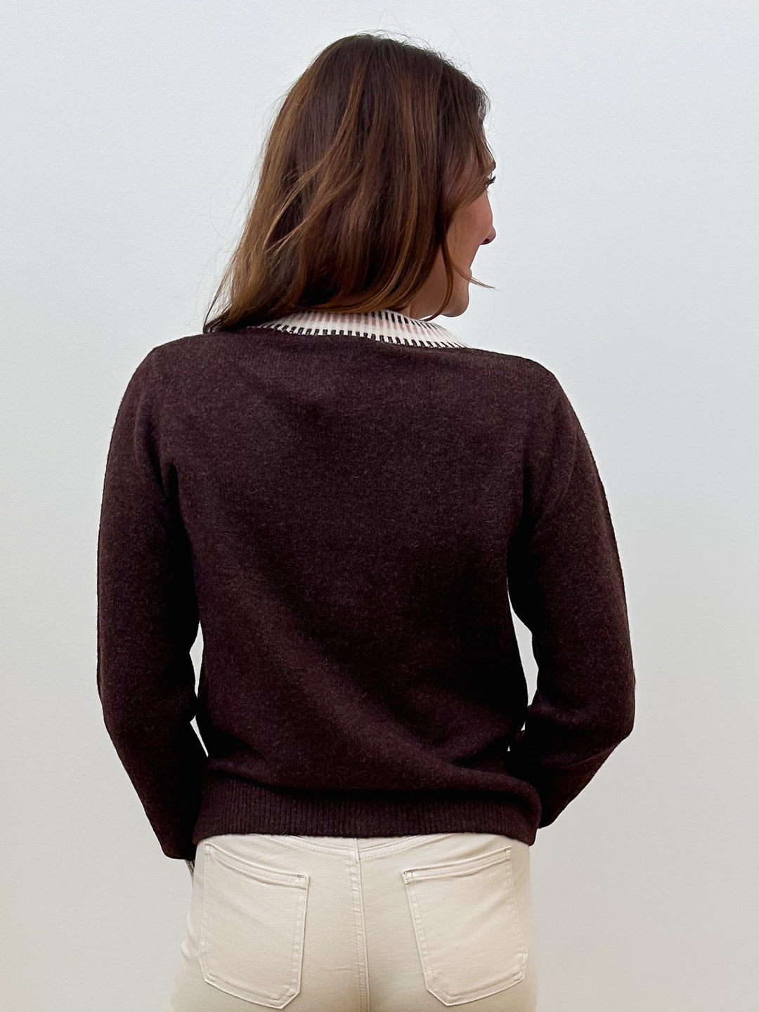 STRIPE CONTRAST RIB DETAIL CARDIGAN - COFFEE