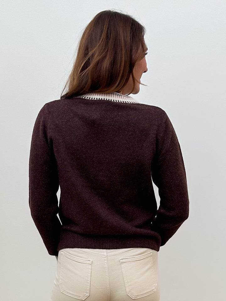 STRIPE CONTRAST RIB DETAIL CARDIGAN - COFFEE