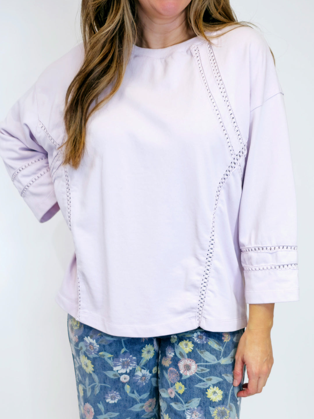 SOFT WASHED CROCHET LACE TERRY KNIT PULLOVER - LILAC MIST