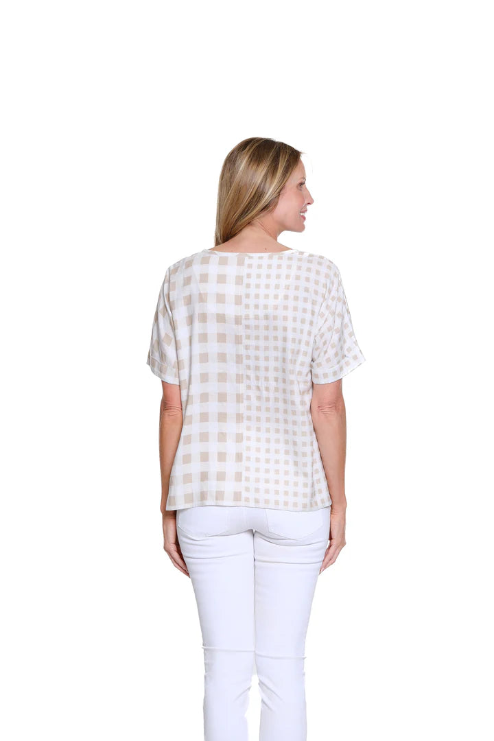 CUFFED DOLMAN SHORT SLEEVE WIDE NECK TOP - CHECKERED KHAKI