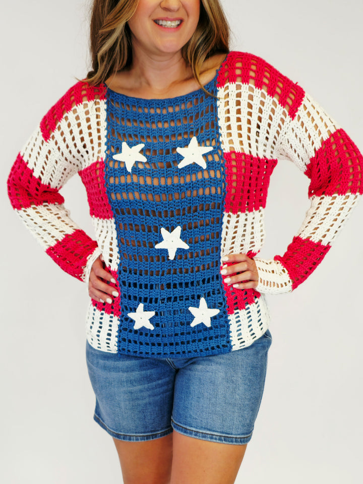 STAR PATCH OPEN KNIT AMERICANA SWEATER - R/W/B