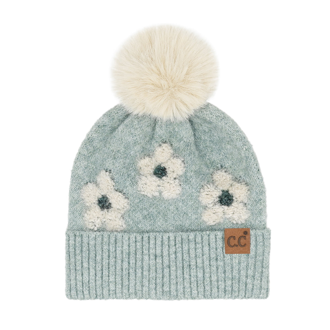 DAISY PATTERN BEANIE W/POM - HEATHER MINT