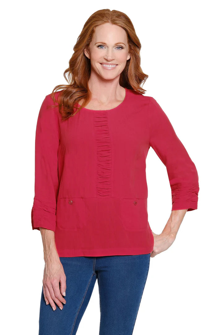 3/4 SHIRRED SLEEVE SCOOP NECK SHIRRED FRONT TOP - FIERY RED