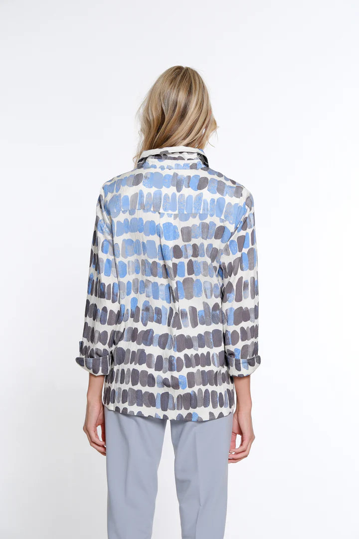 TURN-UP CUFF 3/4 SLEEVE BUTTON FRONT SHIRT - BLUE STONE PRINT