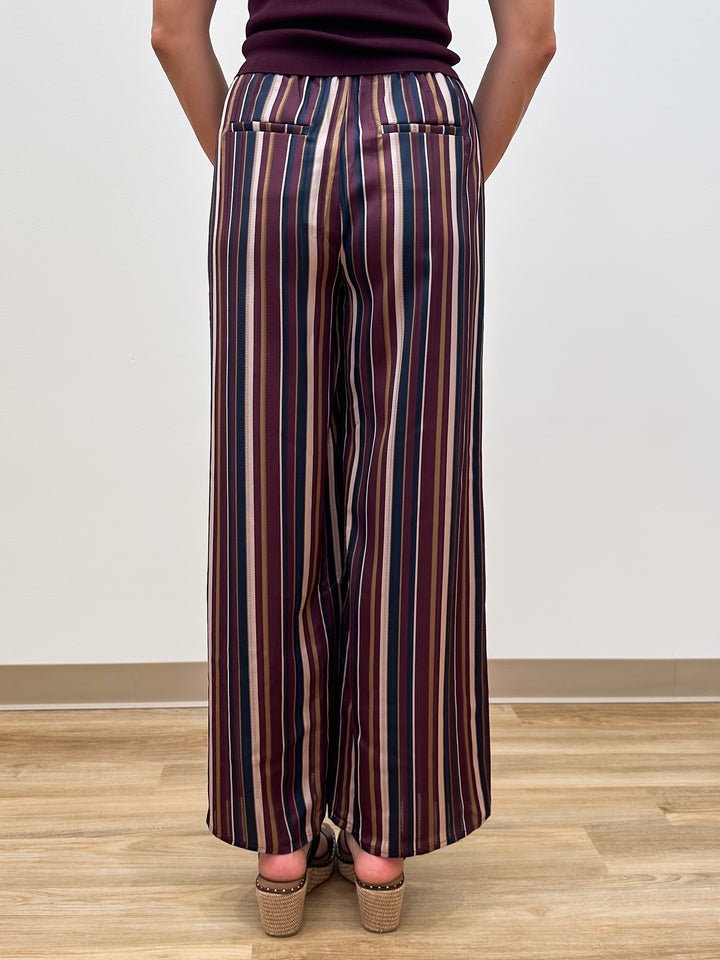 ELASTIC WAIST STRIPED WIDE LEG PANTS - BURGUNDY MULTI