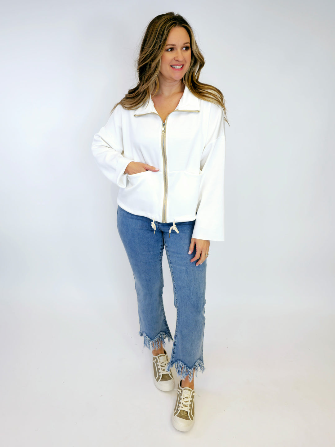 COLLARED FRONT ZIP SCUBA JACKET - CREAM - O/S