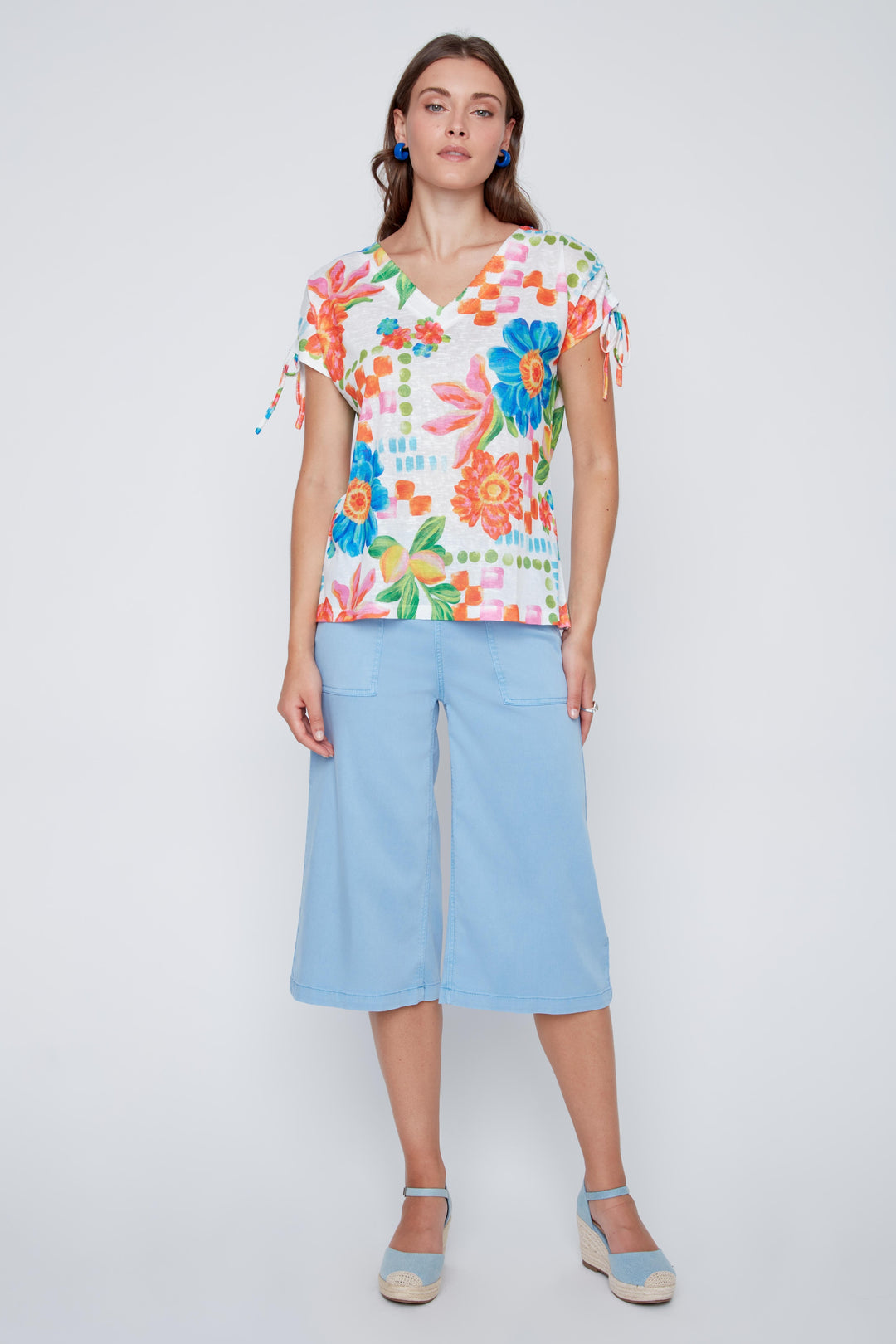 SHORT SLEEVE BIG FLORAL PRINT TOP - BLUE/ORANGE