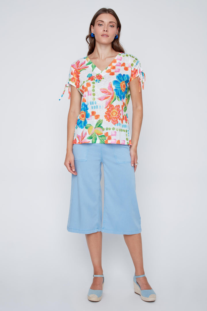 SHORT SLEEVE BIG FLORAL PRINT TOP - BLUE/ORANGE
