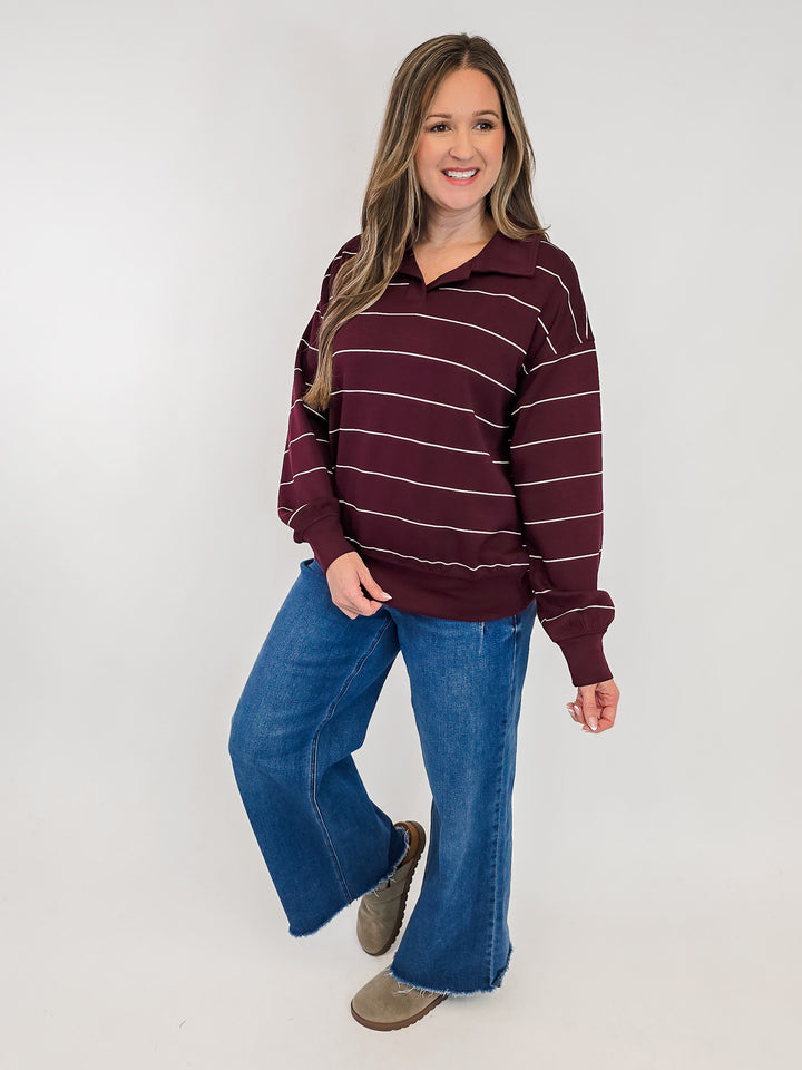 MODAL SCUBA STRIPED POLO SWEATSHIRT - DARK CHERRY/CREAM