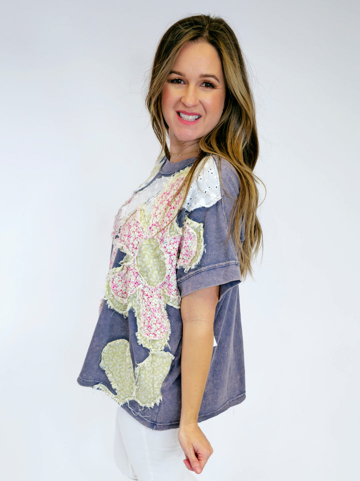 WASHED FLORAL PATCH OVERSIZED TOP - NAVY