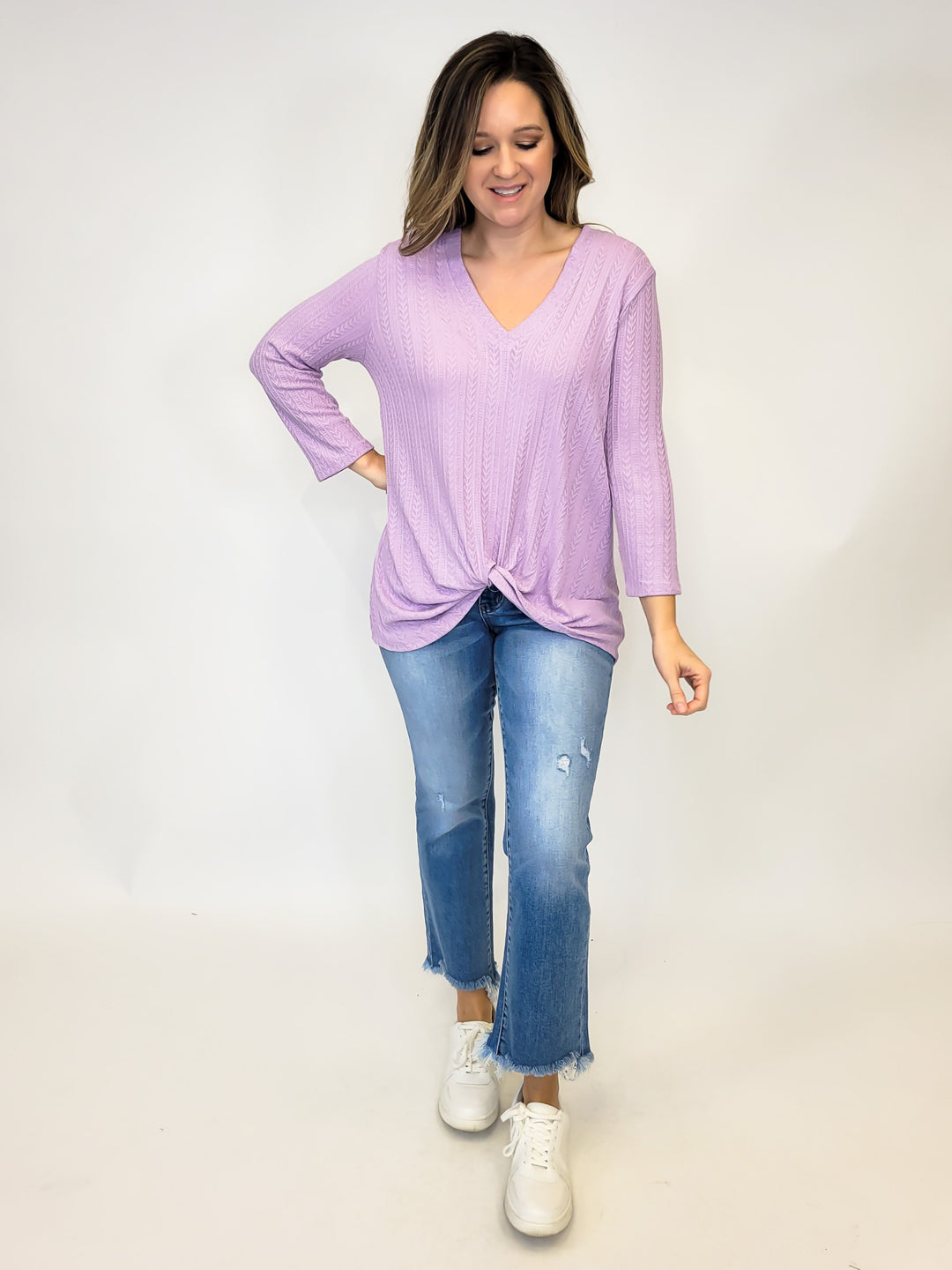 TWIST FRONT 3/4 SLEEVE SOLID KNIT TOP - LAVENDER