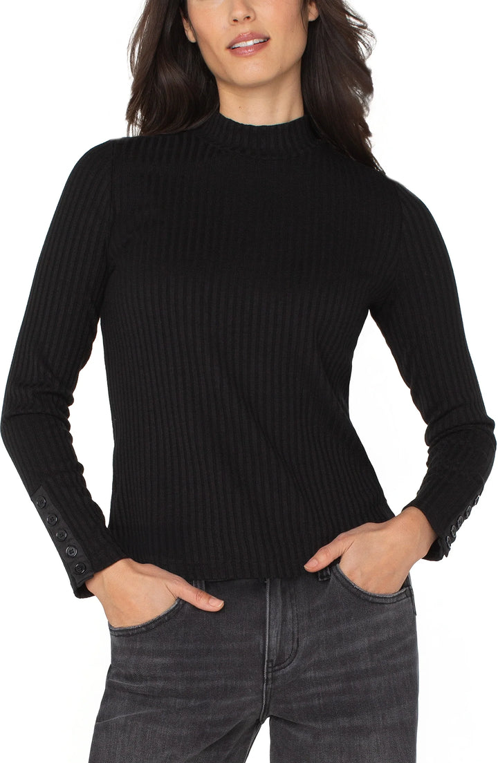 LONG SLEEVE MOCK NECK KNIT TOP W/BUTTON DETAIL - BLACK