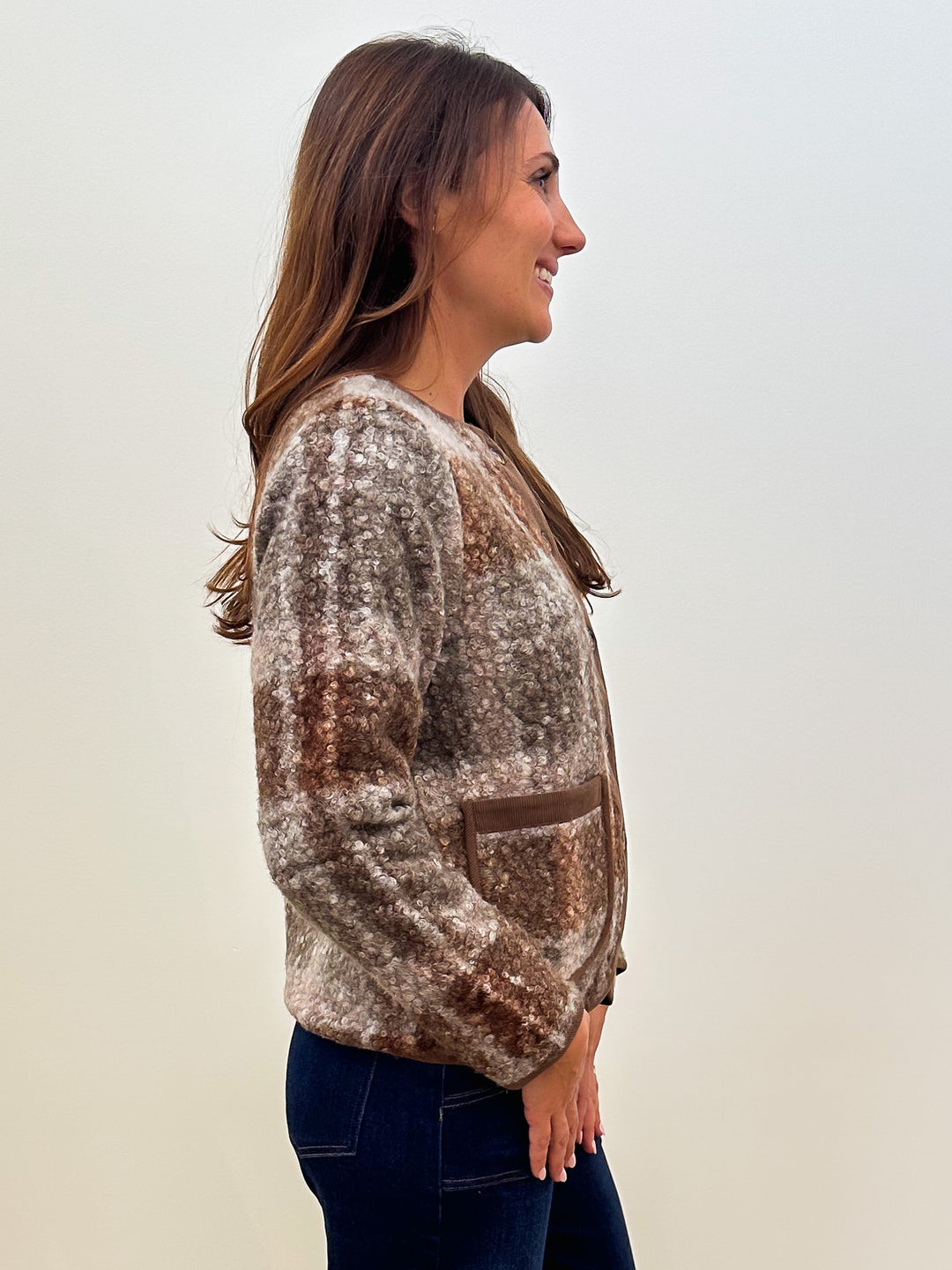 PLAID SHERPA COLLARLESS JACKET W/CORDUROY - BROWN