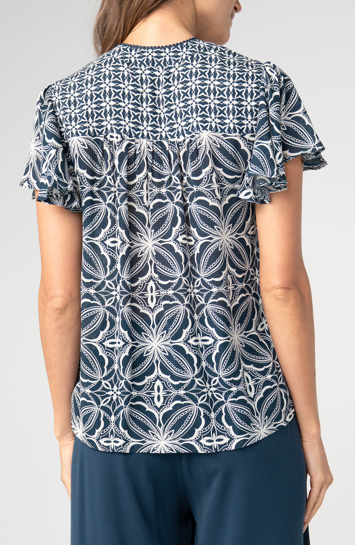 FLUTTER SLEEVE MIX PRINT BUTTON FRONT TOP - BLUE/CREAM