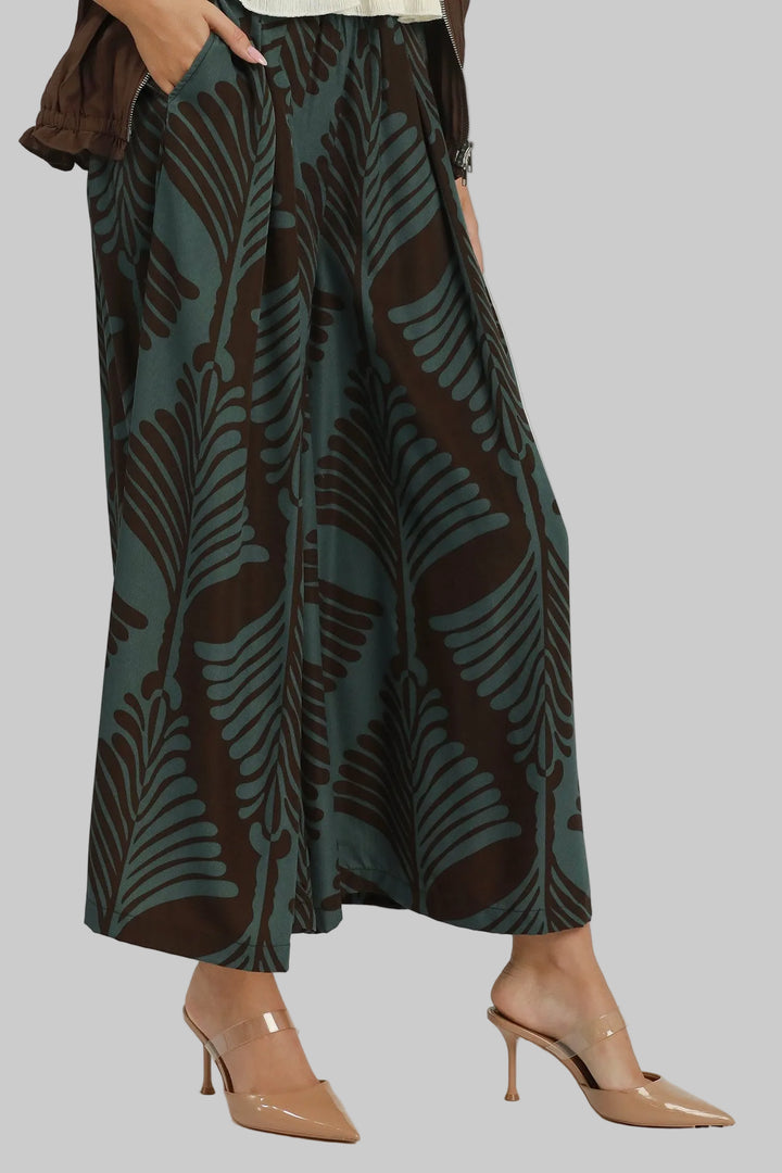 ABSTRACT BOTANICAL PRINT WIDE LEG PANTS - TEAL