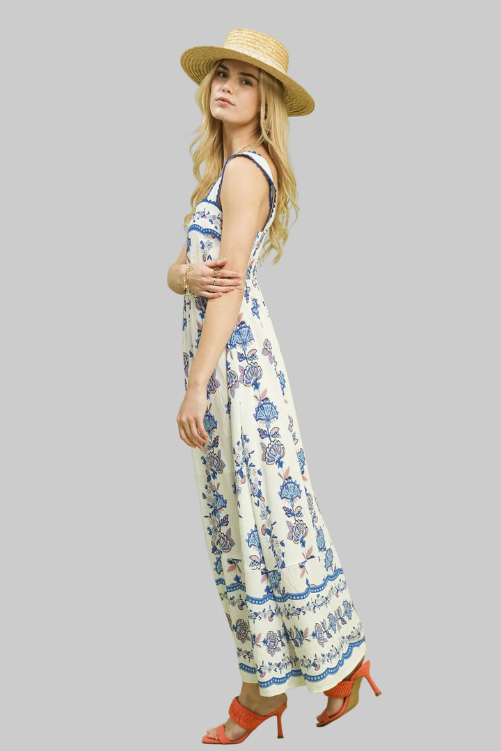 WIDE STRAP FLORAL PRINT TIERED MIDI DRESS - PERI BLUE