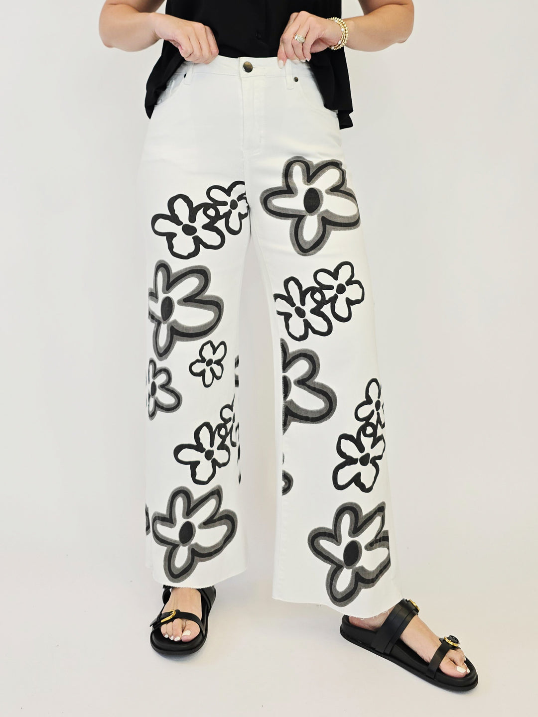 FLOWER PRINT WASHED TWILL WIDE LEG PANTS - WHITE