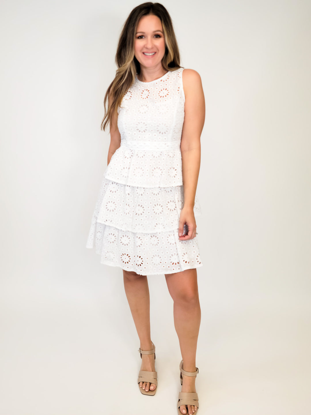 CORIE LACE PANEL TIERED DRESS - WHITE