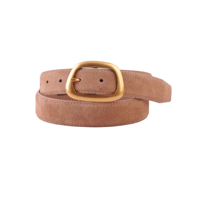 SUEDE BELT W/ORGANIC SHAPE BUCKLE - CAMEL