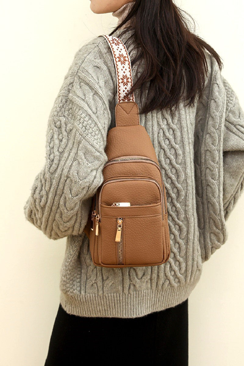 VEGAN LEATHER CROSSBODY SLING BAG, CAMEL