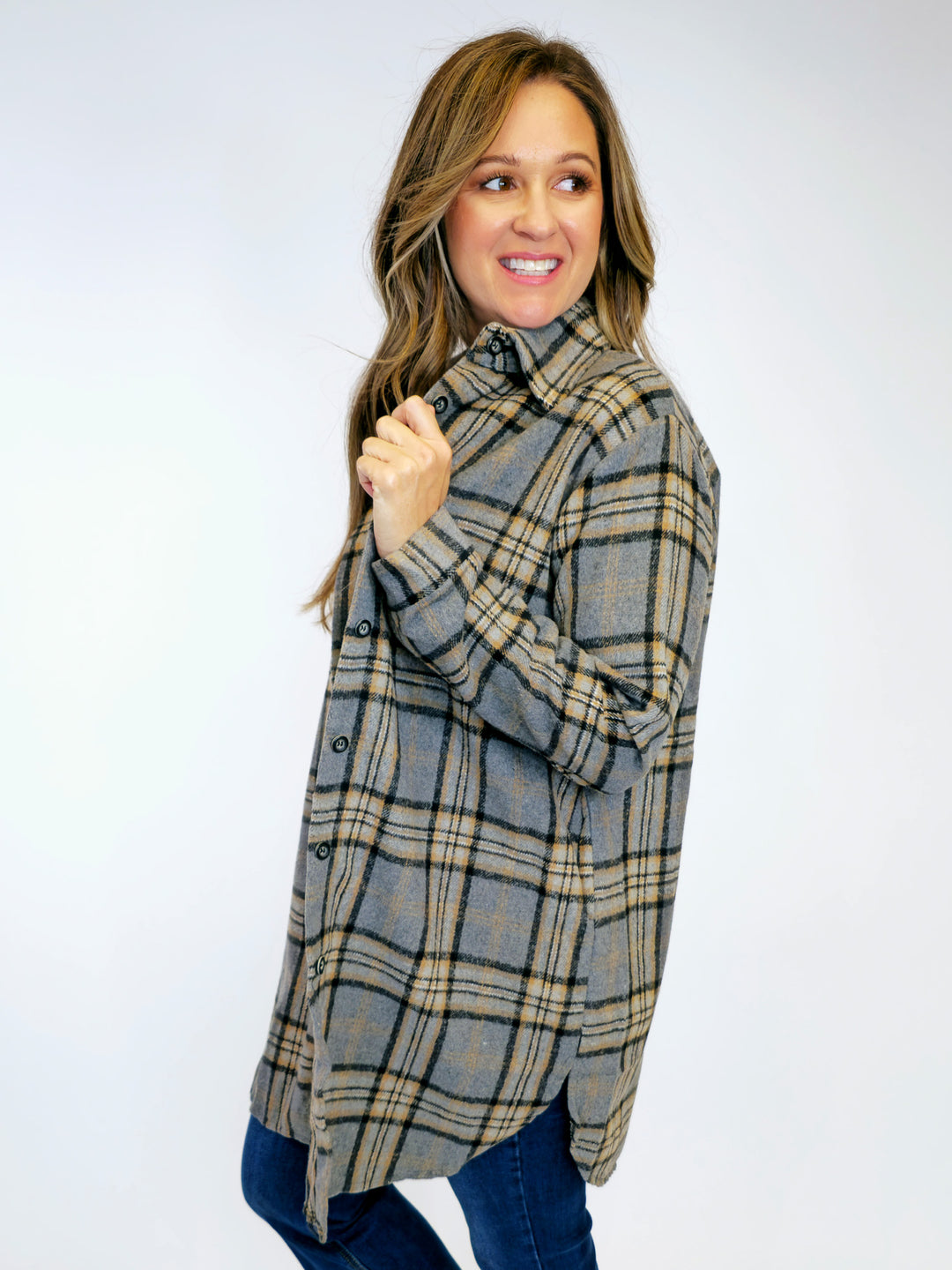 LONG SLEEVE DUSTER FLANNEL SHACKET  - GREY