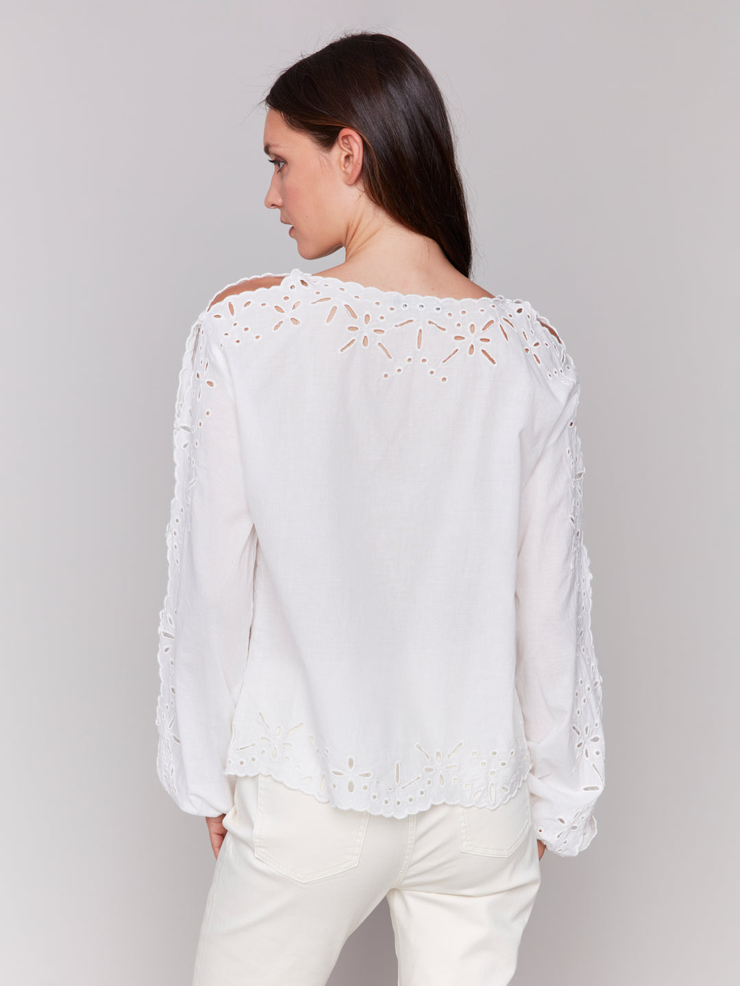 EYELET COTTON LONG SLEEVE BLOUSE - WHITE