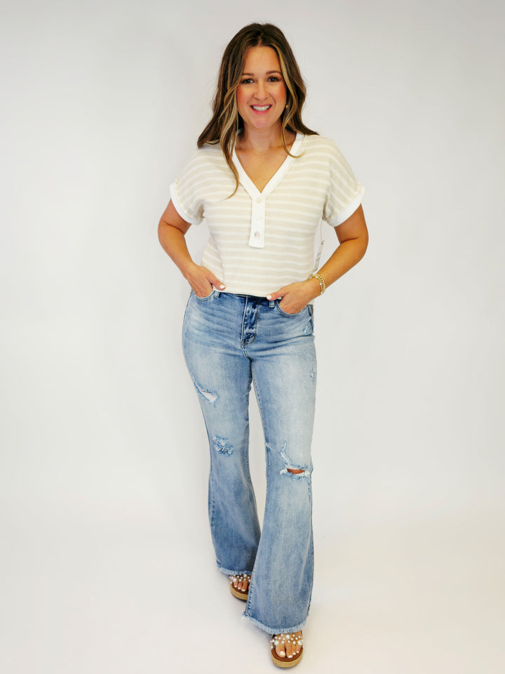 V-NECK BUTTON DETAIL STRIPED TOP - TAUPE