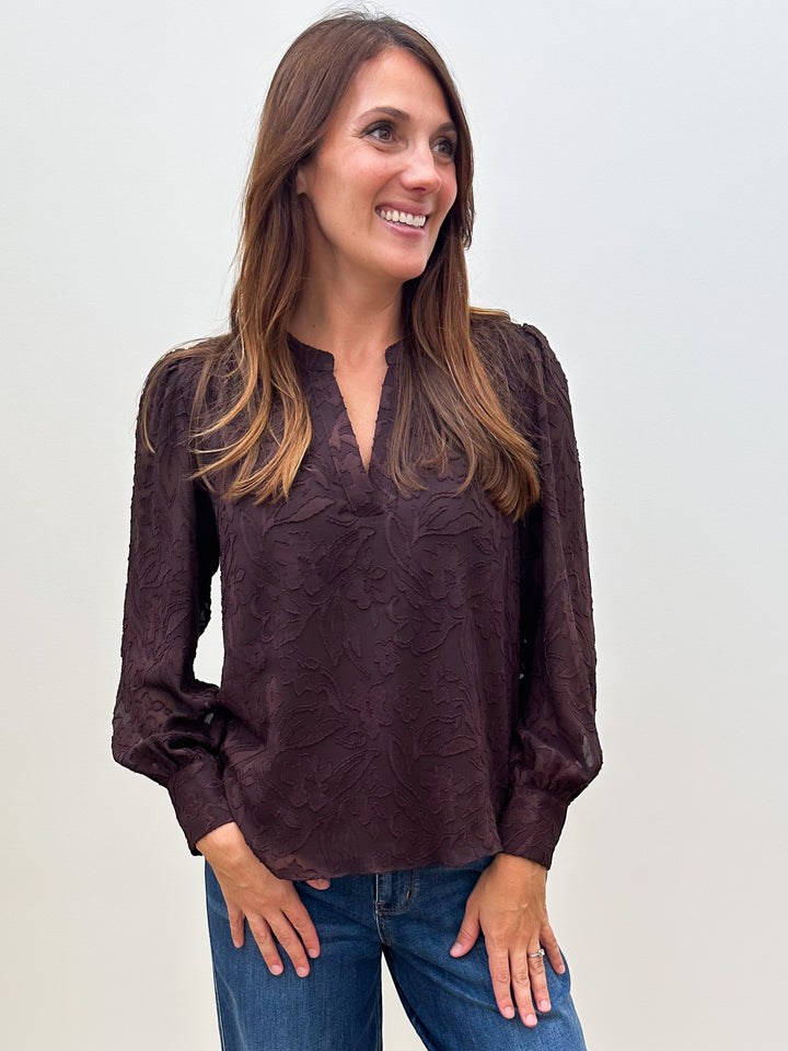 L/S FLORAL JACQUARD BLOUSE - BROWN